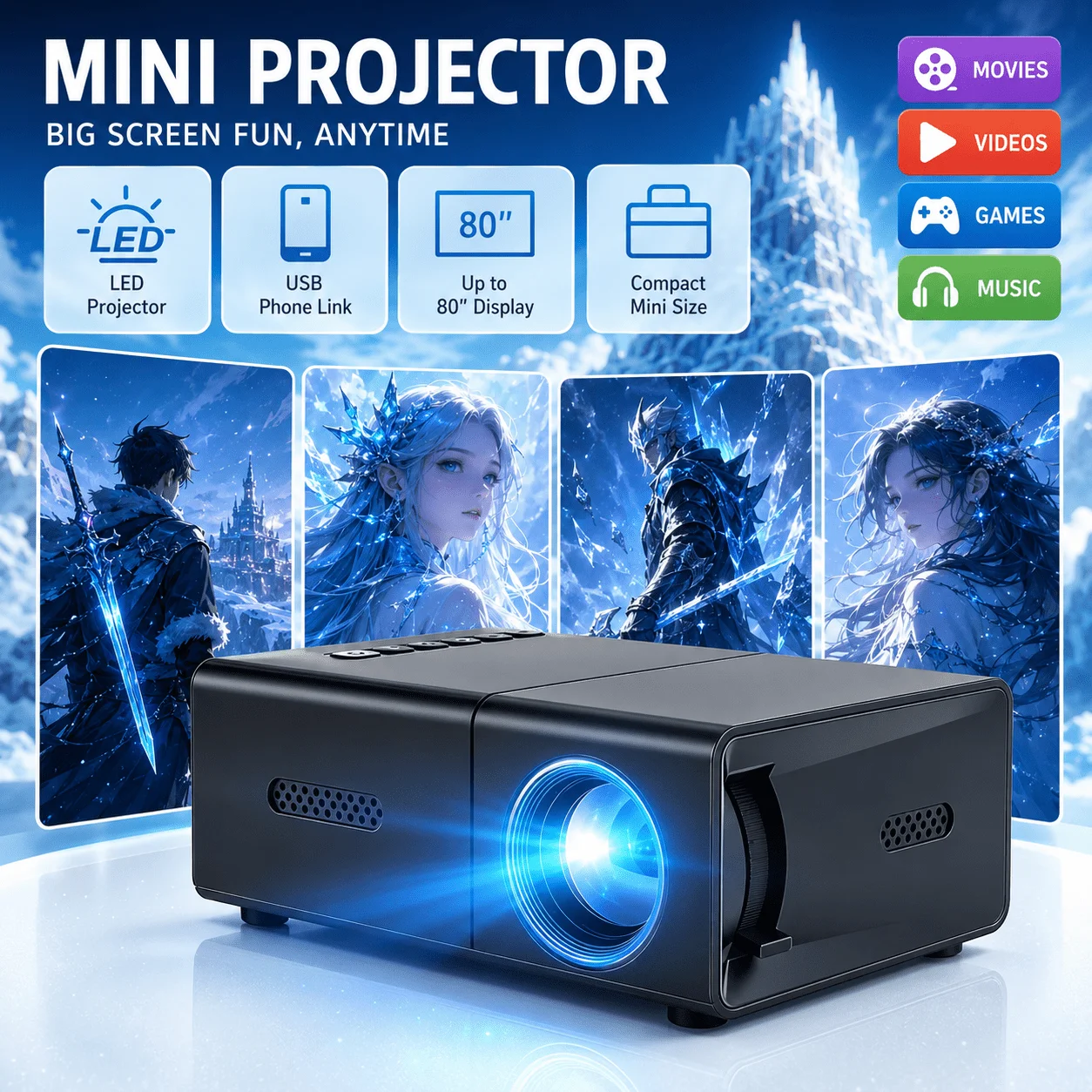 Retro Gaming Projector - Mini projetor portátil, compatível com home