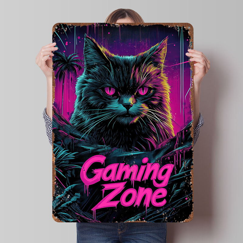 Retro Gaming At - Placa de Metal Decorativa Gaming Cat